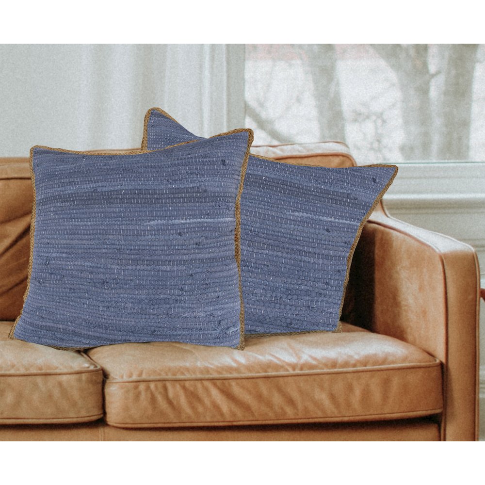Riley Cotton and Jute Pillow Set of 2 in Blue/Tan, 20" x 20". Picture 2