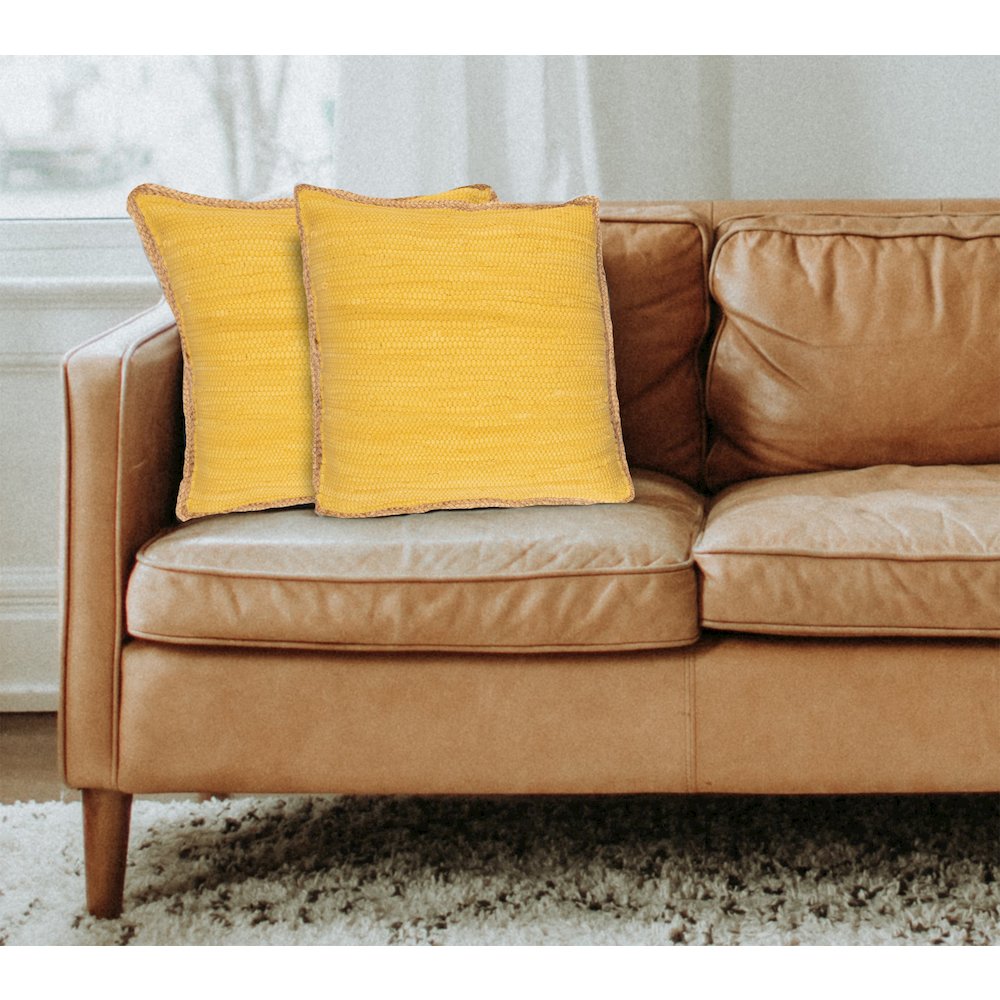 Riley Cotton and Jute Pillow Set of 2 in Yellow/Tan, 20" x 20". Picture 2