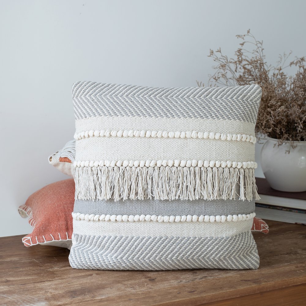 Ox Bay Hand-Woven Tan/Cream Stripe All-Natural Cotton Pillow Cover. Picture 2