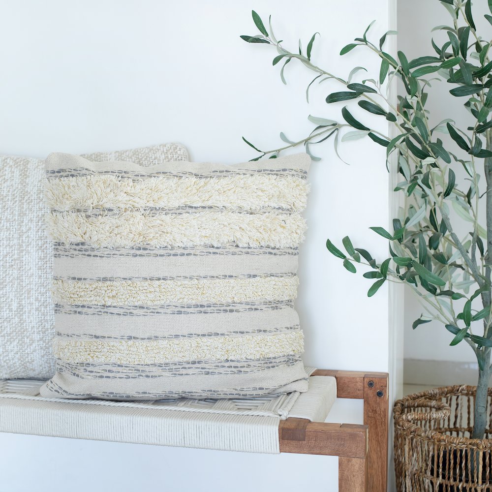 Ox Bay Hand-Woven Cream/Grey Stripe All-Natural Cotton Pillow Cover. Picture 7