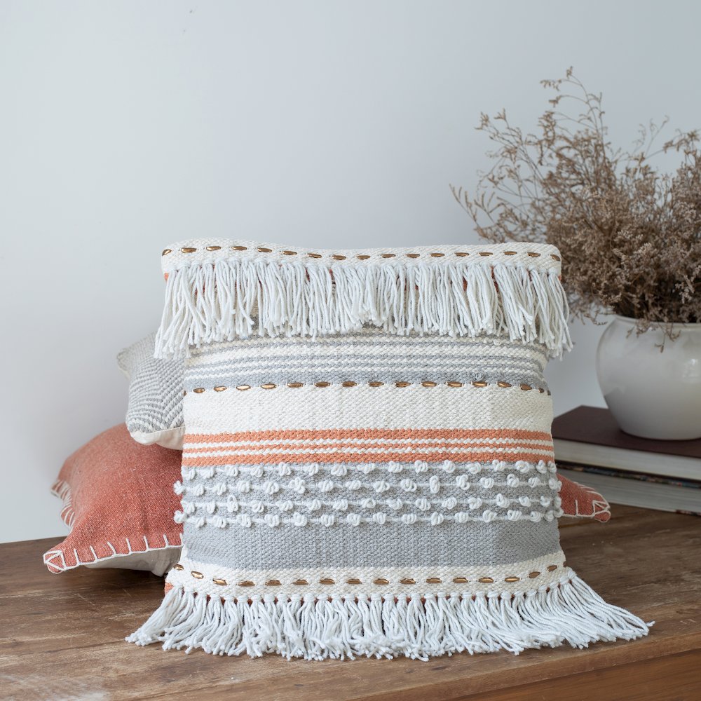 Ox Bay Hand-Woven Beige/Orange Stripe All-Natural Cotton Pillow Cover. Picture 2