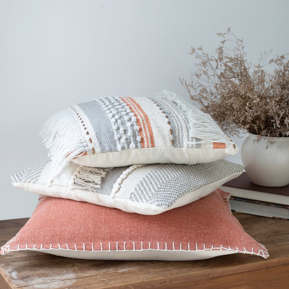 Ox Bay Hand-Woven Beige/Orange Stripe All-Natural Cotton Pillow Cover. Picture 3