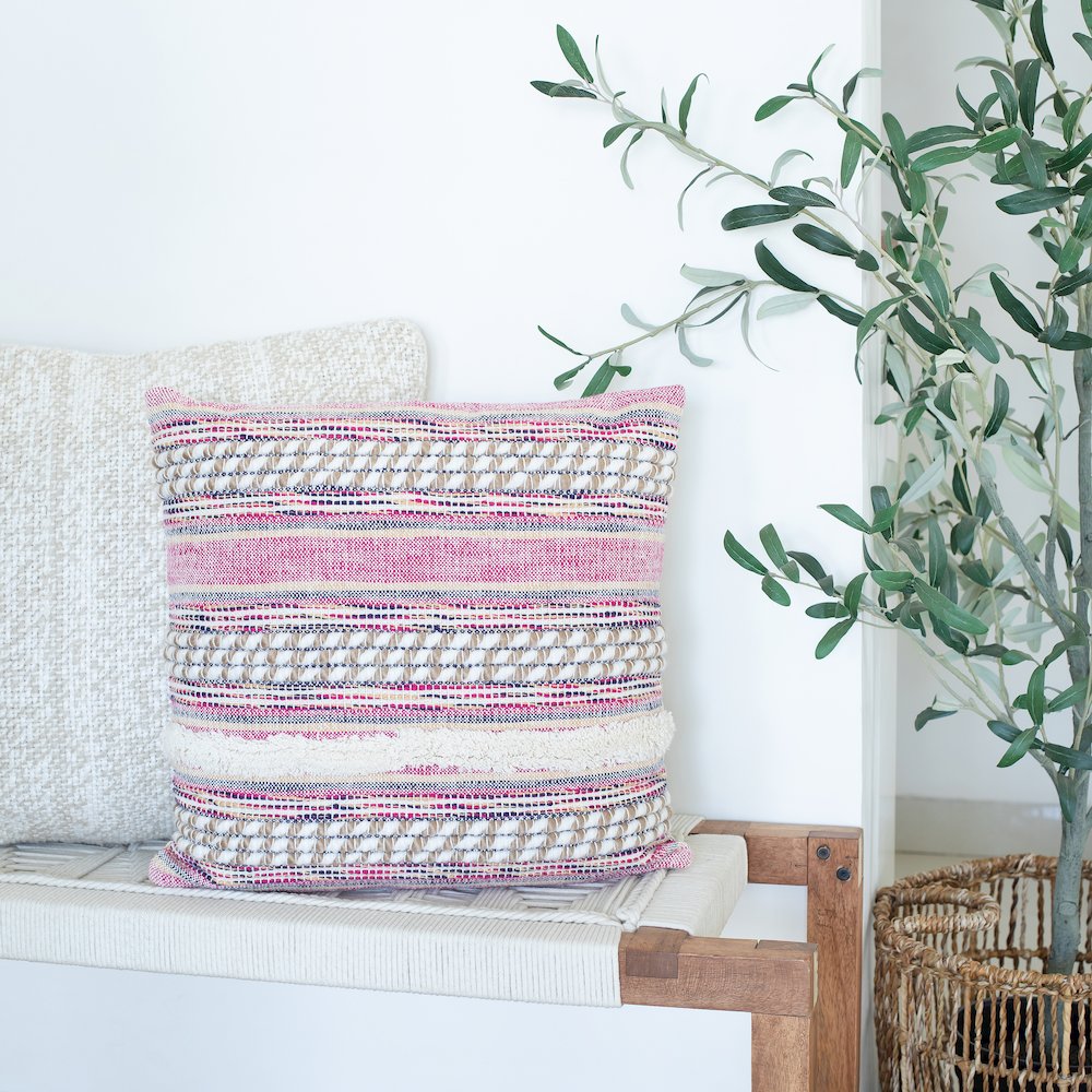 Ox Bay Hand-Woven Pink/Ivory Stripe Cotton Blend Pillow Cover. Picture 2