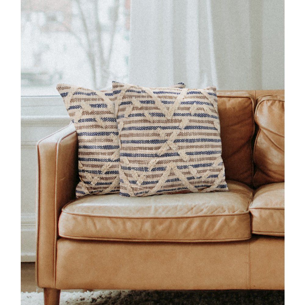 Oslo Cotton Pillow Set of 2 in Blue/Tan, 18" x 18". Picture 2