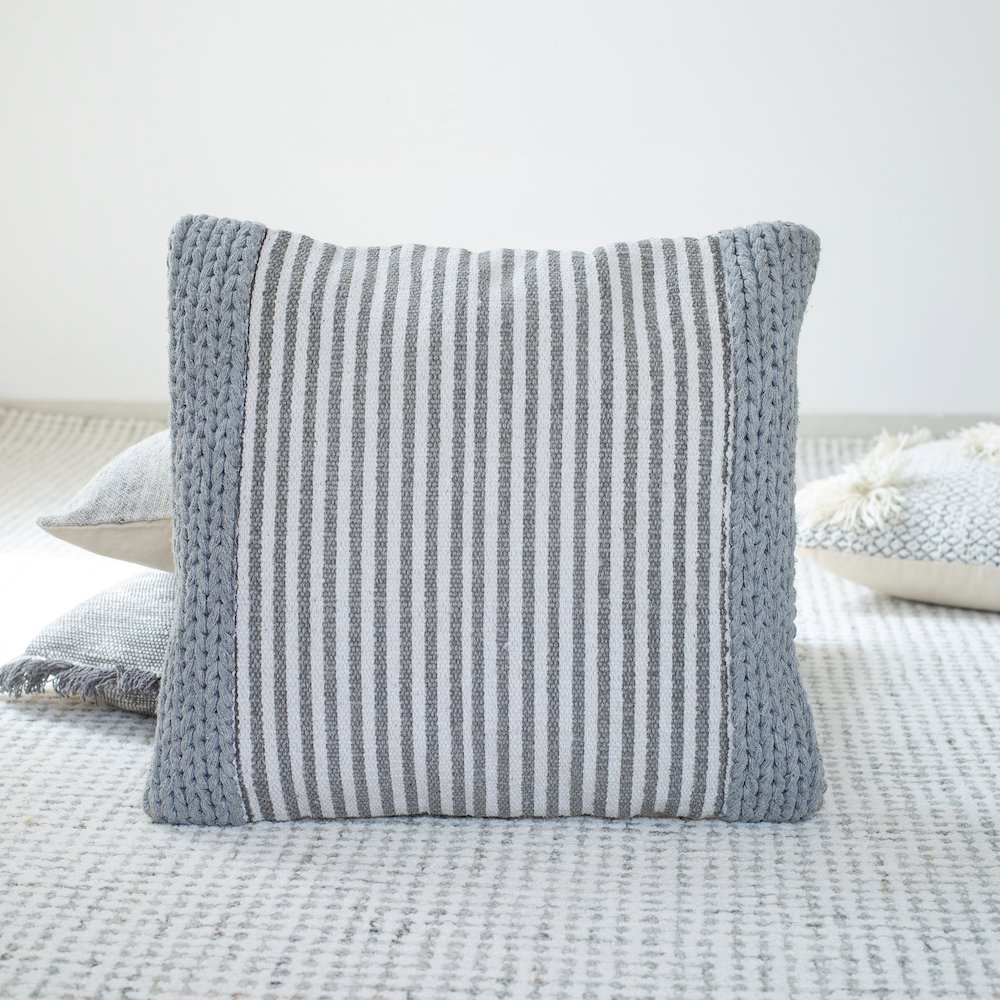 Ox Bay Hand-Woven Gray/Cream Stripe Cotton Blend Pillow Cover. Picture 2