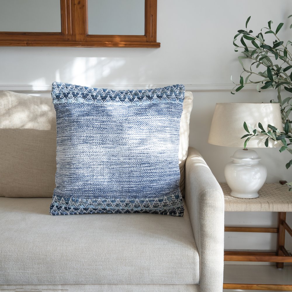 Ox Bay Hand-Woven Blue/White Distressed Cotton Blend Pillow Cover. Picture 2