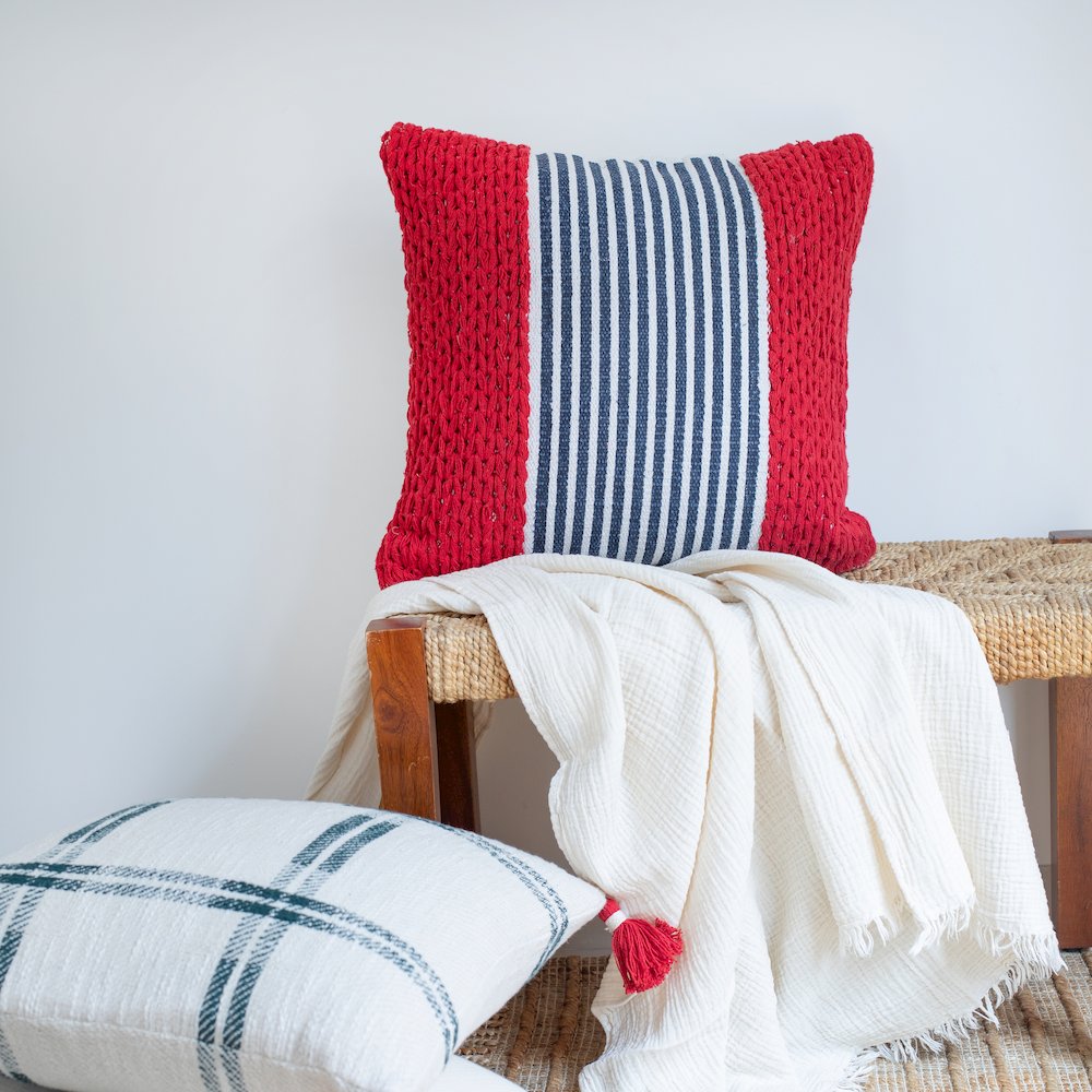 Ox Bay Hand-Woven Red/Blue Stripe Cotton Blend Pillow Cover. Picture 2