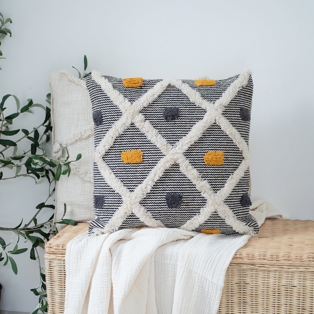 Ox Bay Hand-Woven Black/Yellow Stripe Cotton Wool Blend Pillow Cover. Picture 2