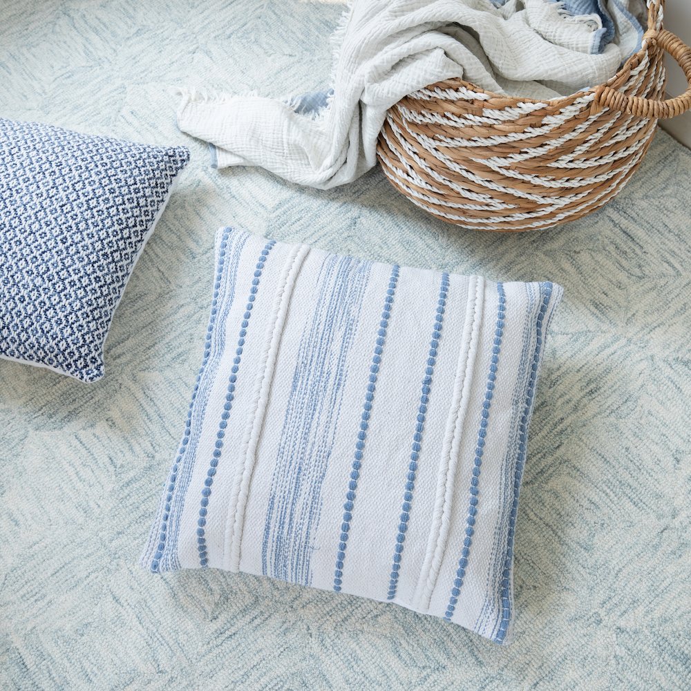 Ox Bay Hand-Woven White/Blue Stripe All-Natural Cotton  Pillow Cover. Picture 2