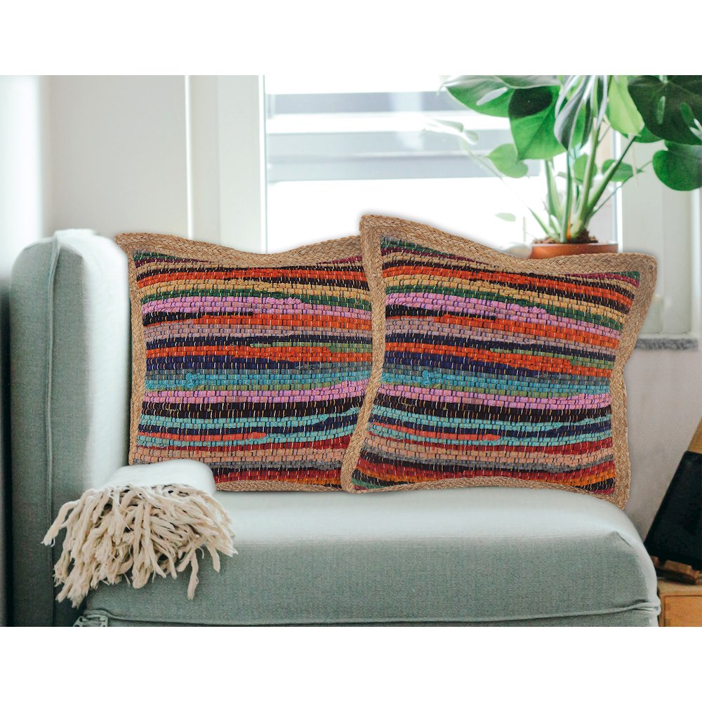 Riley Cotton and Jute Pillow Set of 2 in Blue/Orange, 20" x 20". Picture 2