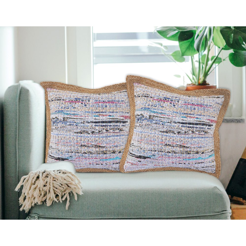 Riley Cotton and Jute Pillow Set of 2 in Multicolored/Tan, 20" x 20". Picture 2