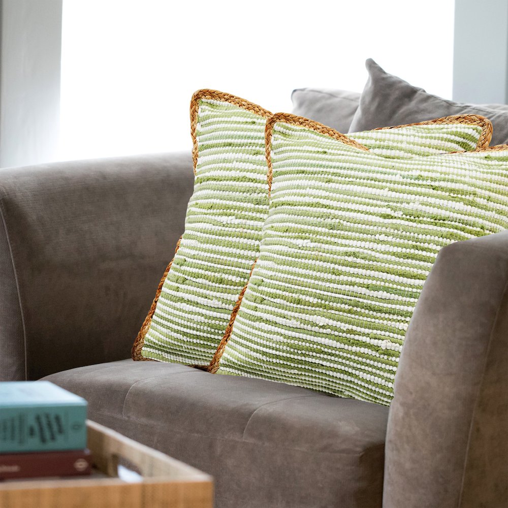 Riley Cotton and Jute Pillow Set of 2 in Green/White, 20" x 20". Picture 2