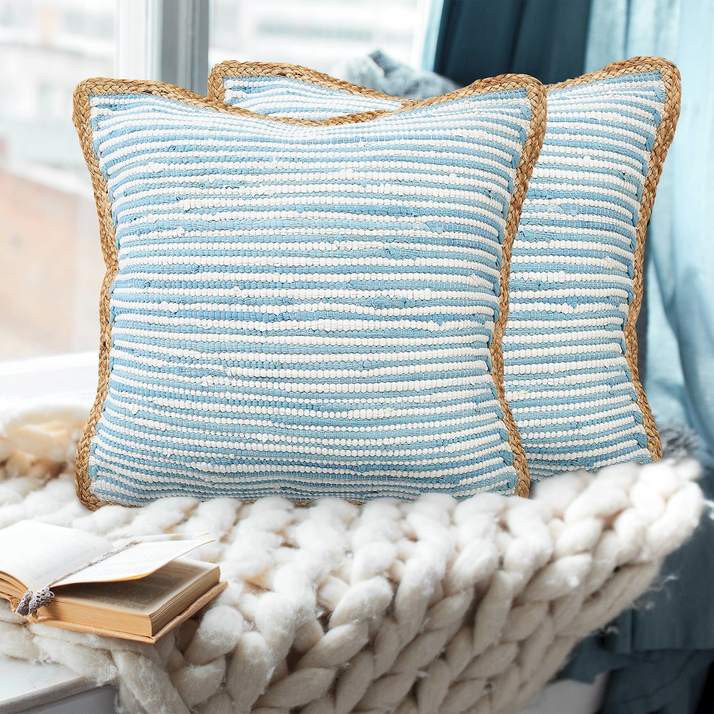 Riley Cotton and Jute Pillow Set of 2 in Blue/White, 20" x 20". Picture 2