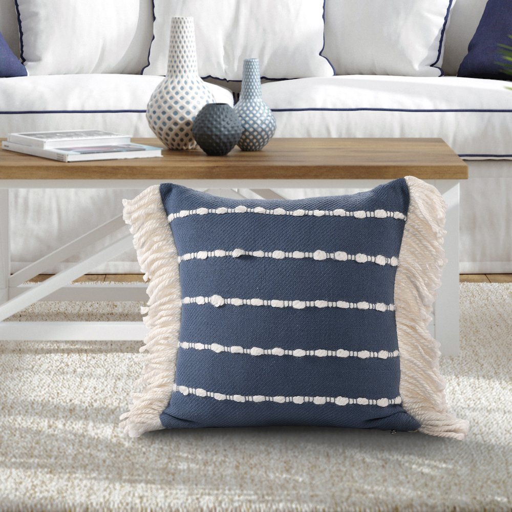 Denver Cotton Blend Poly Filled Pillow in Blue/Ivory, 20" x 20". Picture 2