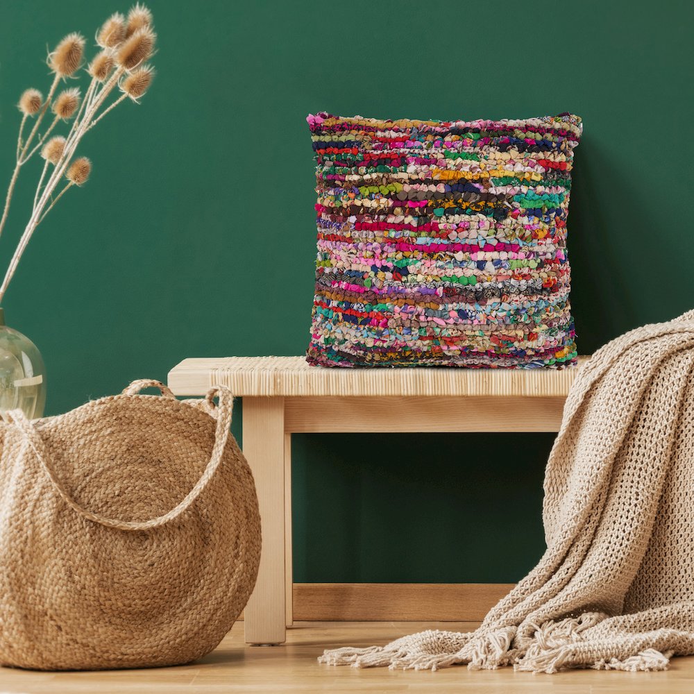 Ox Bay Hand-Woven Red/Multicolored Abstract Recycled Materials Pillow Cover. Picture 2