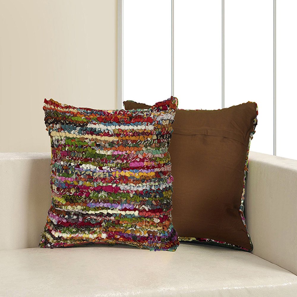 Ox Bay Hand-Woven Red/Multicolored Abstract Recycled Materials Pillow Cover. Picture 4