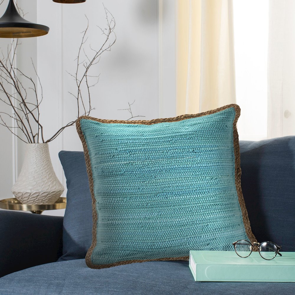 Solid Turquoise Blue Jute Bordered Throw Pillow. Picture 2