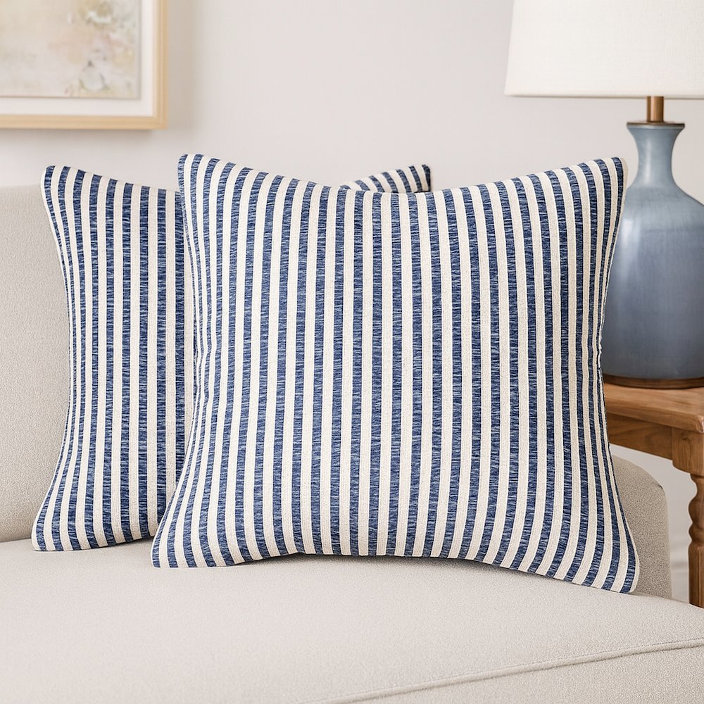 Ox Bay Blue/White Stripe All-Natural Cotton Pillow Cover, Set of 2. Picture 7