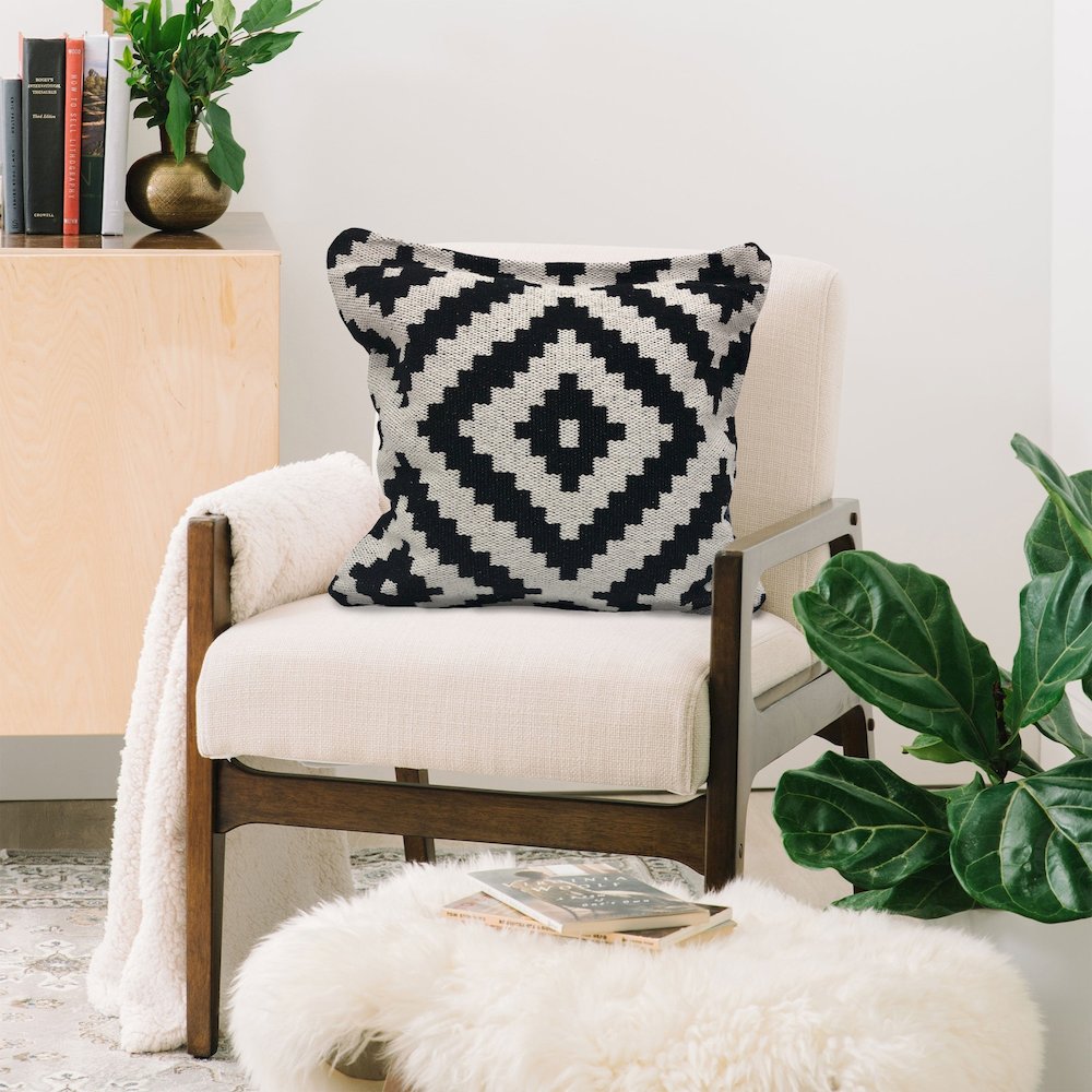 Evette Rios Modern Motif Black and White Geometric Medallion Throw Pillow. Picture 5