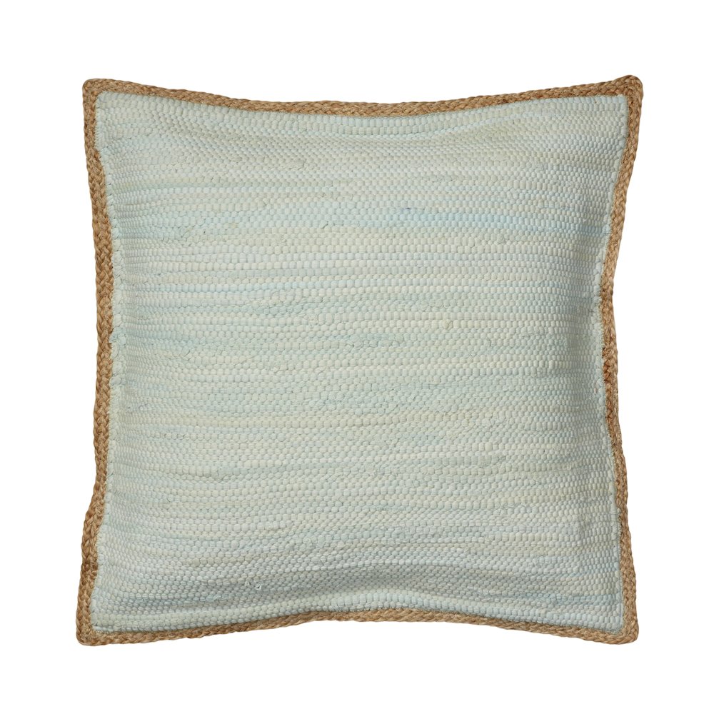 Ox Bay Hand-Woven Aqua/Tan Bordered Cotton Blend  Pillow Cover. Picture 1