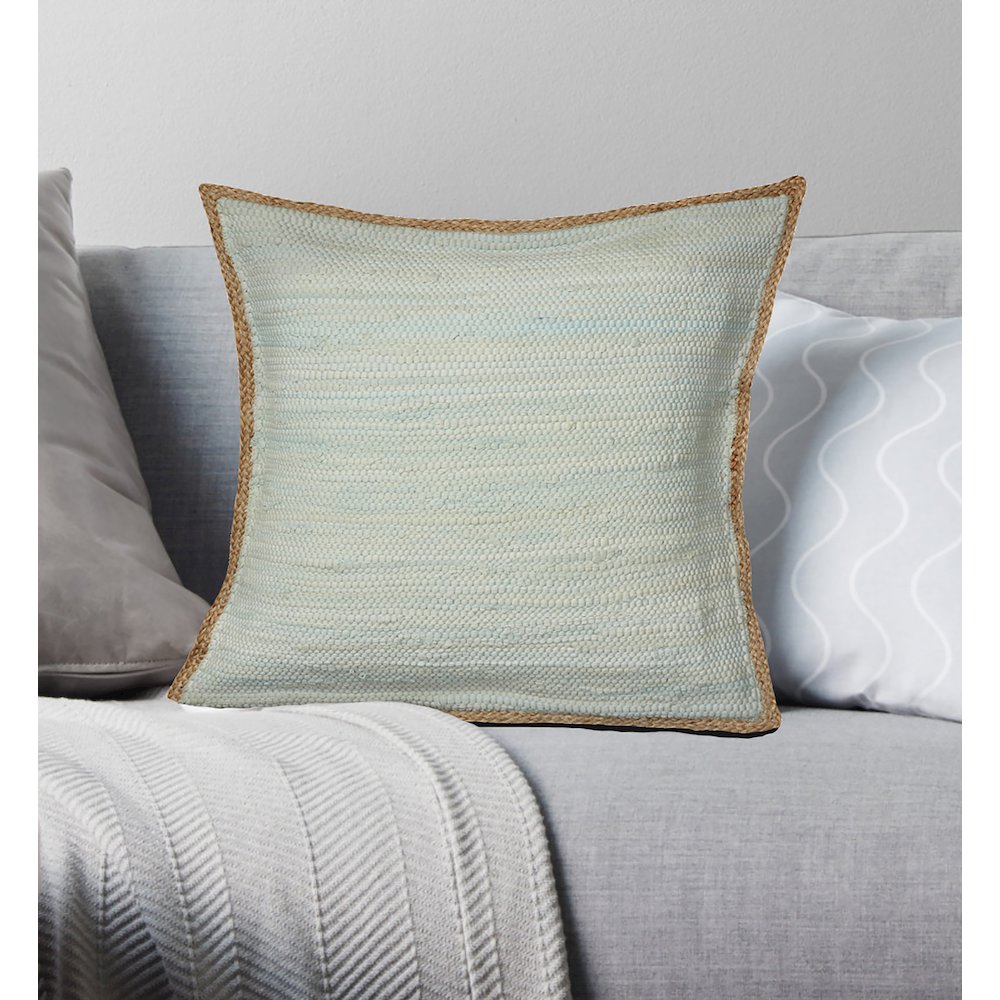 Solid Light Seafoam Jute Bordered Throw Pillow. Picture 2