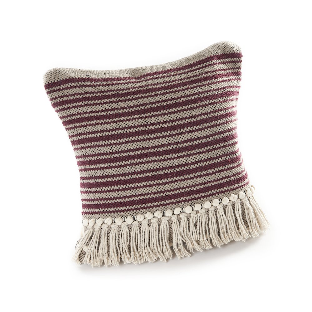 Striped Maroon Fringed Throw Pillow. Picture 3