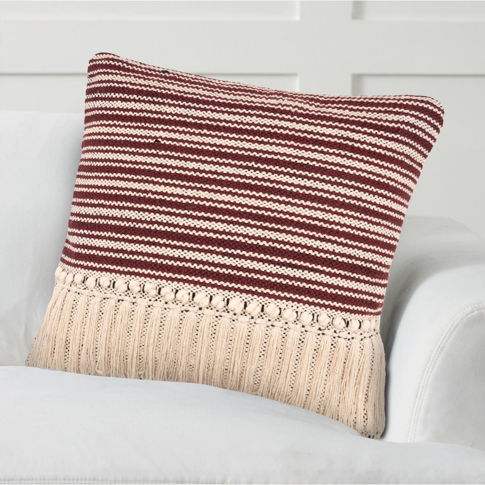 Striped Maroon Fringed Throw Pillow. Picture 6