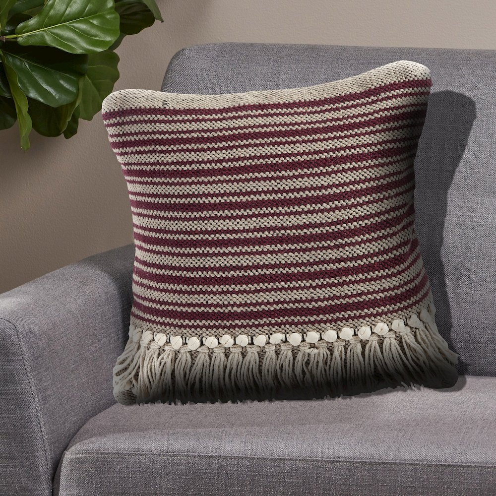Striped Maroon Fringed Throw Pillow. Picture 7