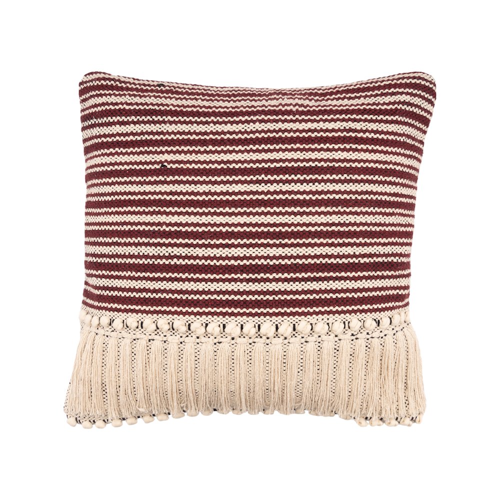Striped Maroon Fringed Throw Pillow. Picture 1