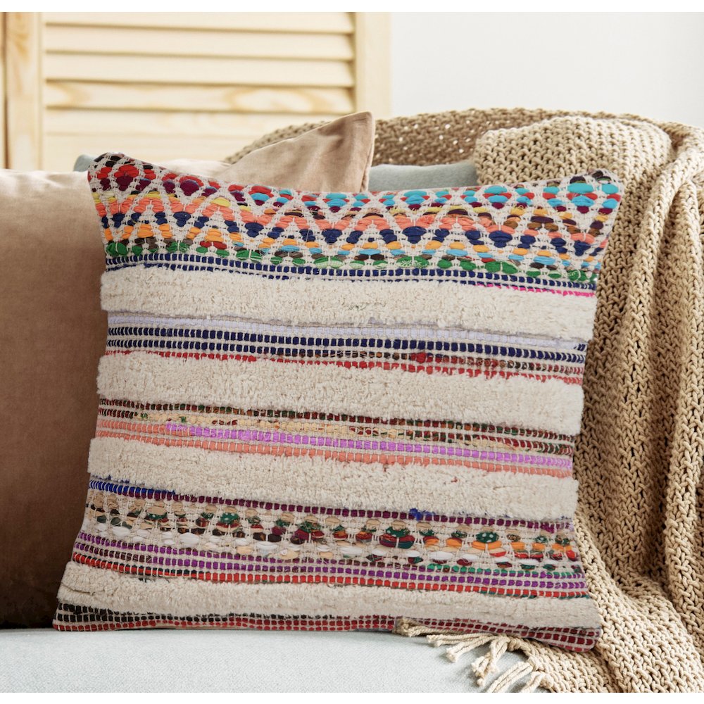 Ox Bay Hand-Woven Multicolored/Cream Stripe All-Natural Cotton Pillow Cover. Picture 2