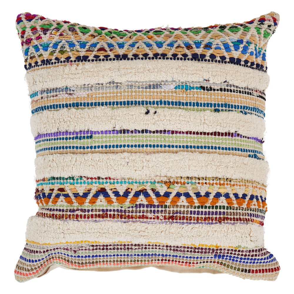Ox Bay Hand-Woven Multicolored/Cream Stripe All-Natural Cotton Pillow Cover. Picture 1