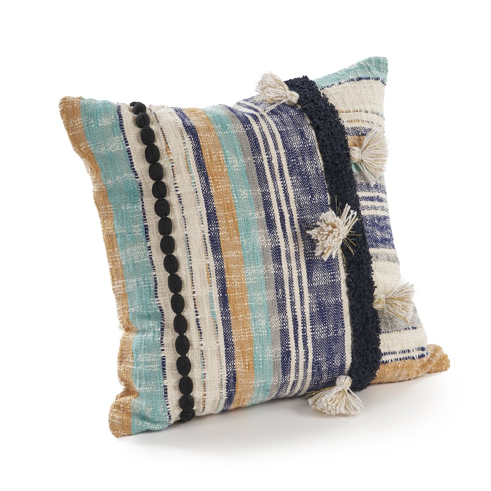Ox Bay Hand-Woven Multicolored/Blue Stripe All-Natural Cotton Pillow Cover. Picture 6