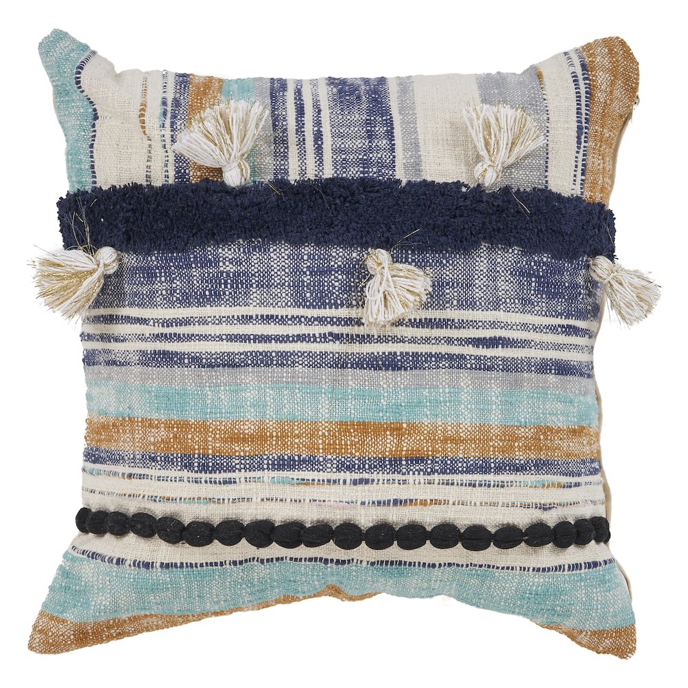 Ox Bay Hand-Woven Multicolored/Blue Stripe All-Natural Cotton Pillow Cover. Picture 1