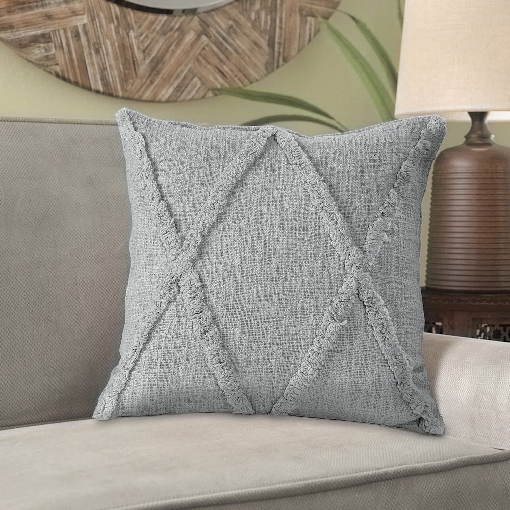 Reese Hand-Tufted Gray Diamond Cotton Throw Pillow, 20" x 20". Picture 6