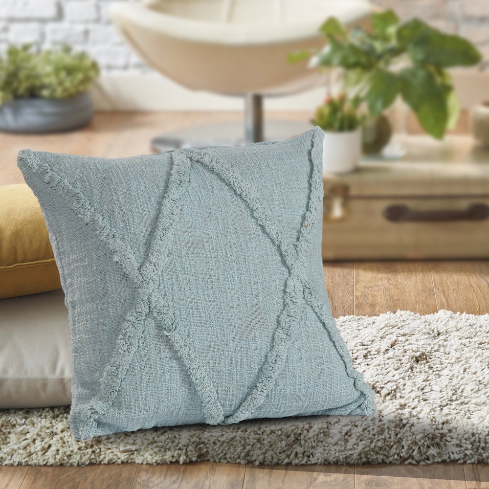 Ox Bay Hand-Woven Light Blue Diamond All-Natural Cotton Pillow Cover. Picture 7