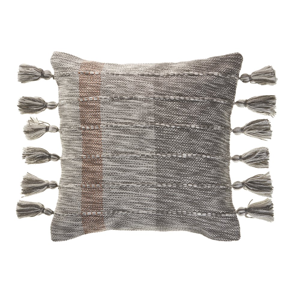 Sophisticated Grayscale and Red Tasseled Throw Pillow. Picture 1
