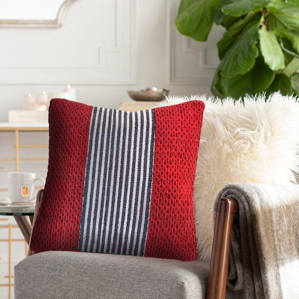 Ox Bay Hand-Woven Red/Blue Stripe Cotton Blend Pillow Cover. Picture 7