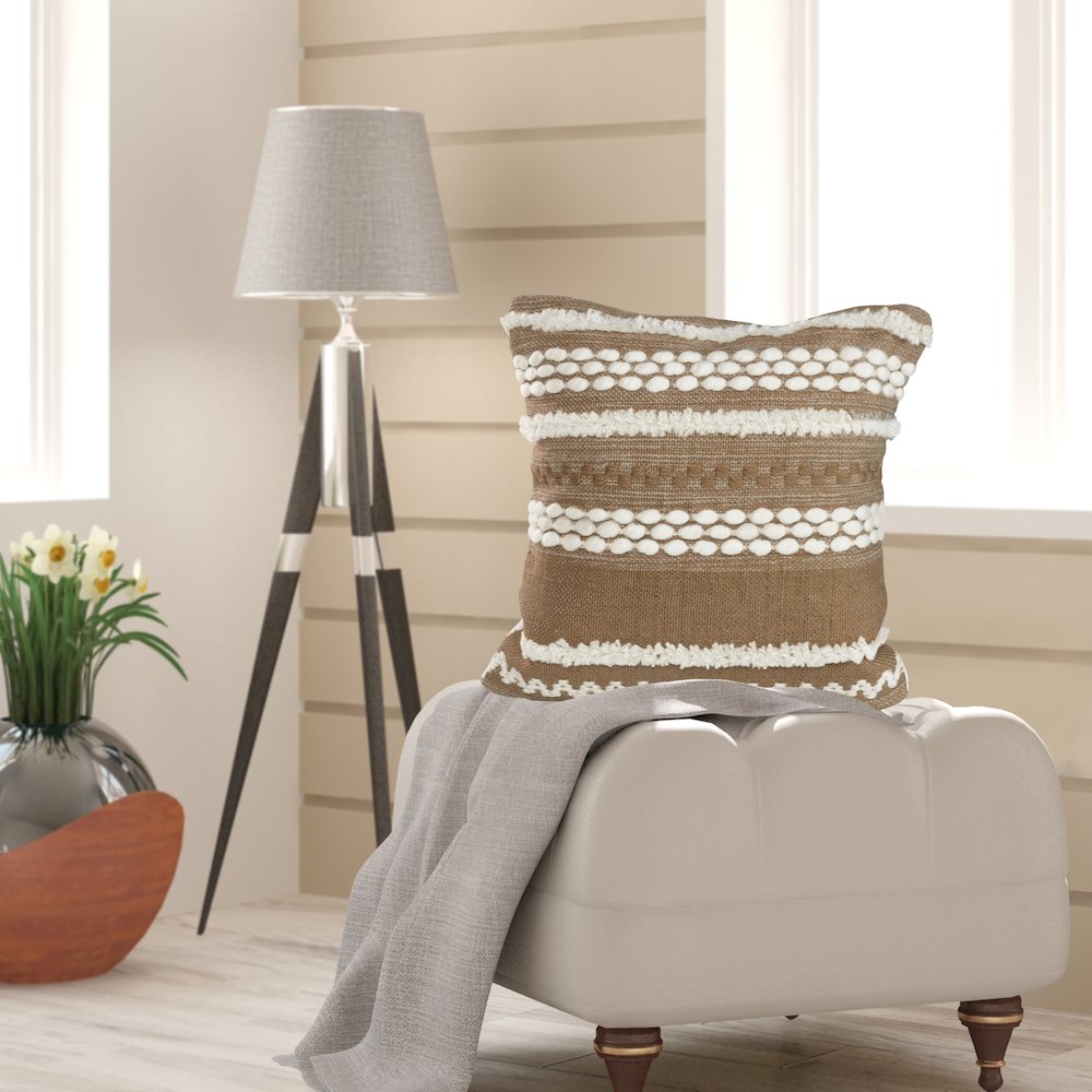 Neutral Textured Embroidered Throw Pillow. Picture 1