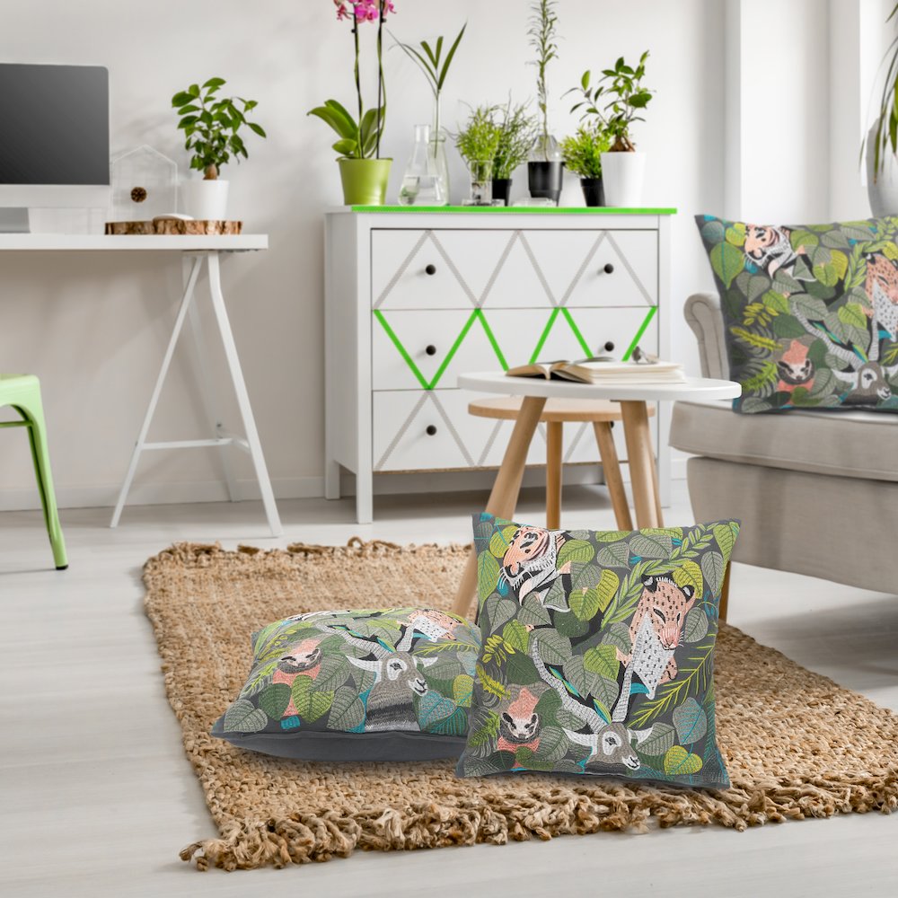 Jungle Scene Multicolored Throw Pillow. Picture 8