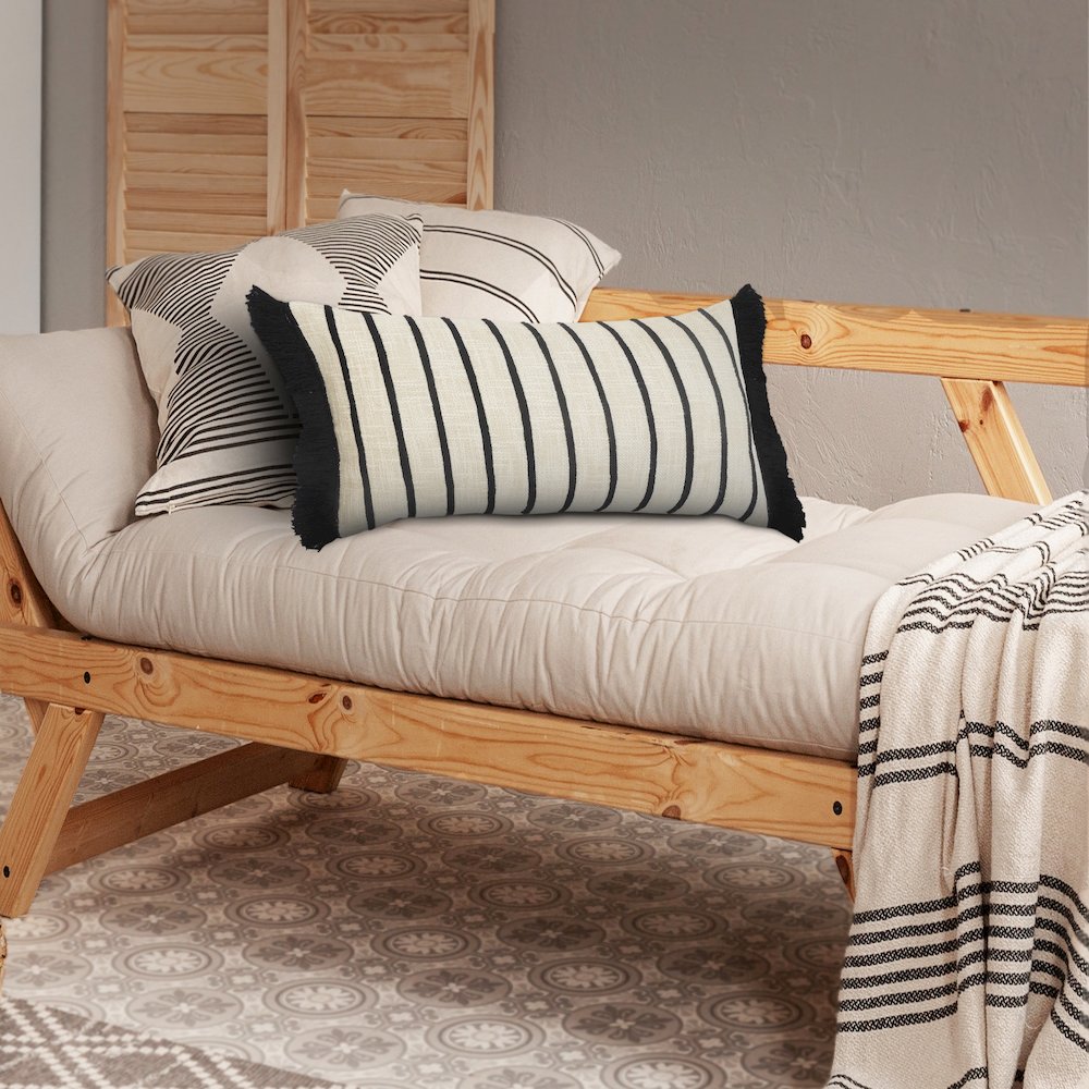 Striped Ivory and Black Fringe Pillow. Picture 8