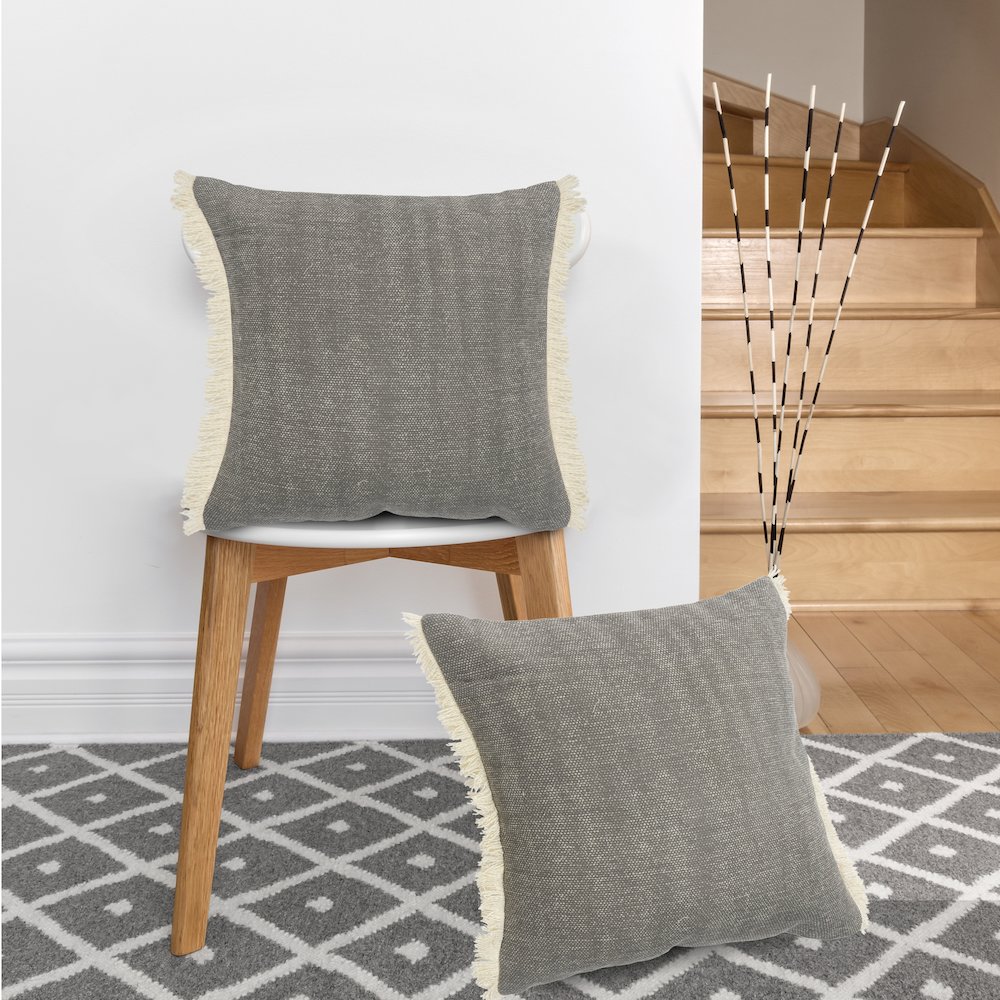Charcoal Gray Solid Fringed Throw Pillow. Picture 6