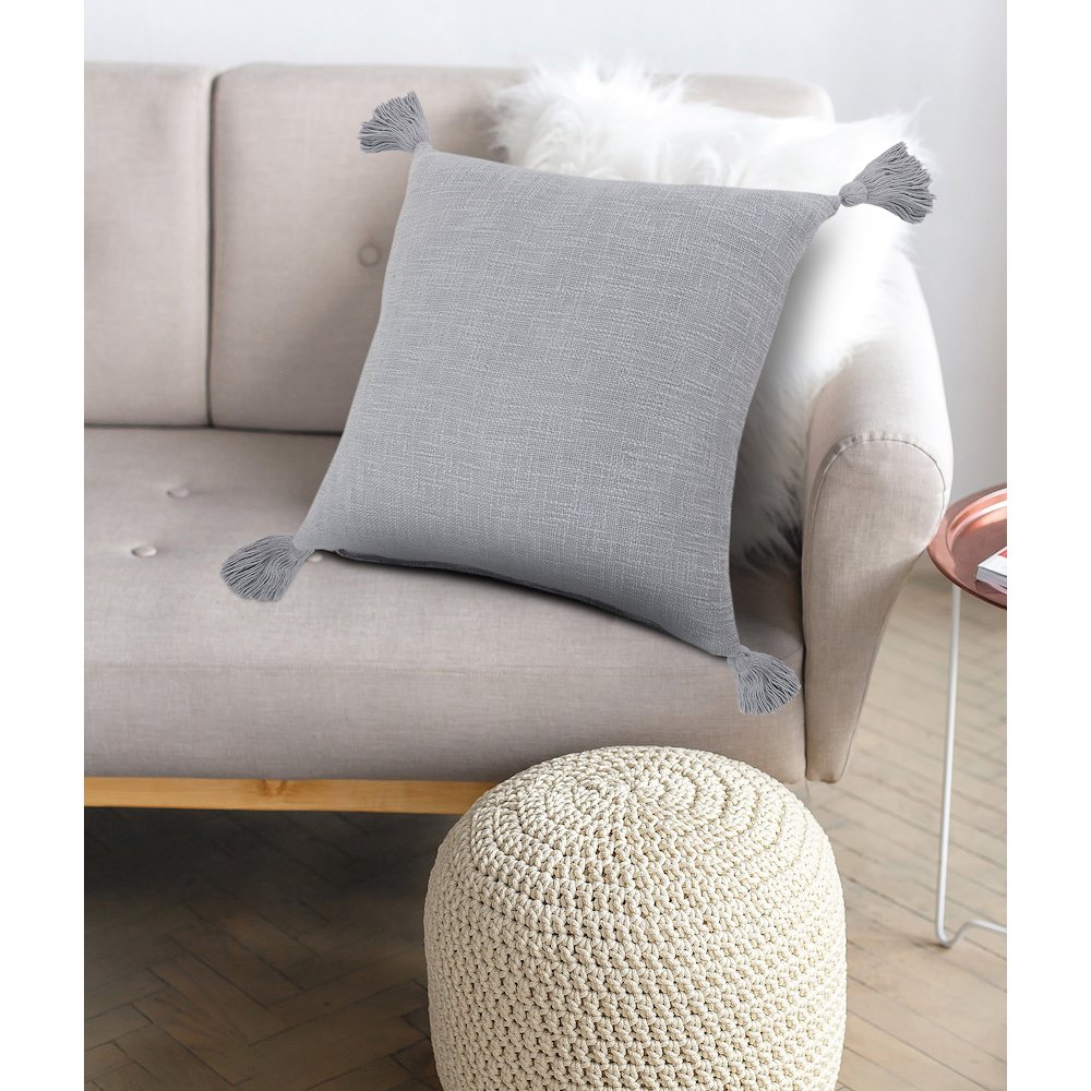 Unique Neutral Solid Cotton Throw Pillow with Tassels. Picture 8
