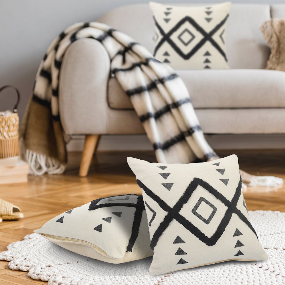 Evette Rios Avant-Garde Black and Cream Tufted Geometric Diamond Throw Pillow. Picture 8