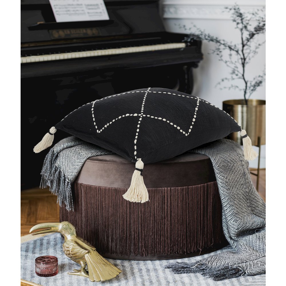 Black and White Geometric Tasseled Throw Pillow. Picture 8