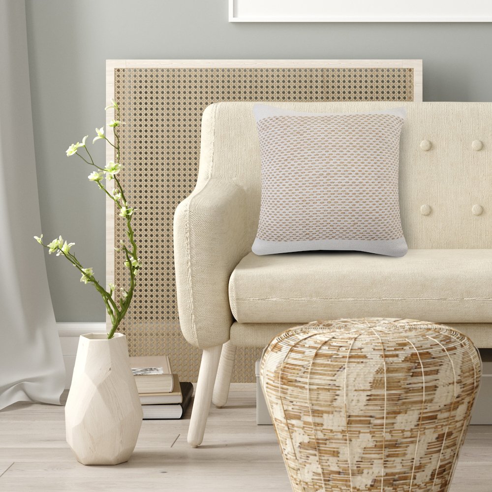 Ivory and Jute Interwoven Bordered Throw Pillow. Picture 8