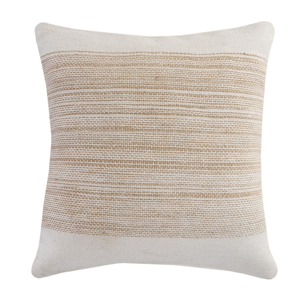 Ox Bay Hand-Woven White/Tan Color Block Cotton Blend Pillow Cover. Picture 1