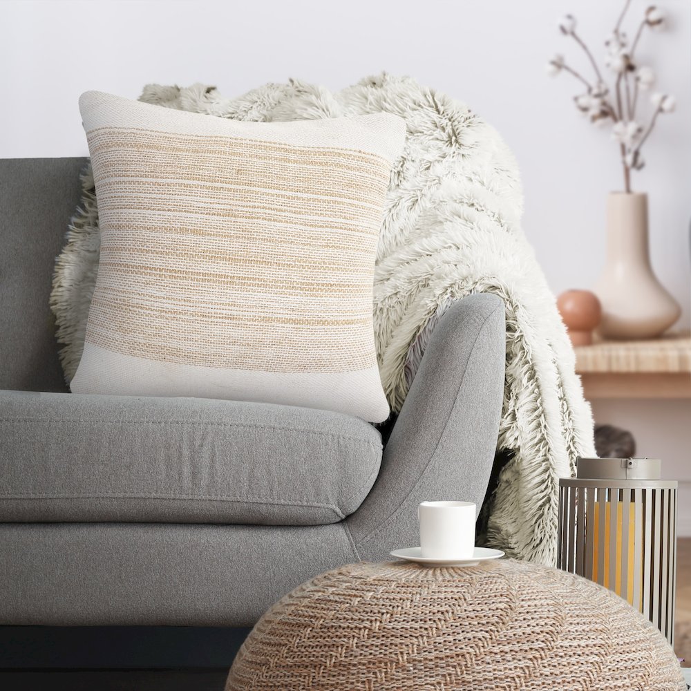 Ivory and Jute Striped and Bordered Throw Pillow. Picture 2