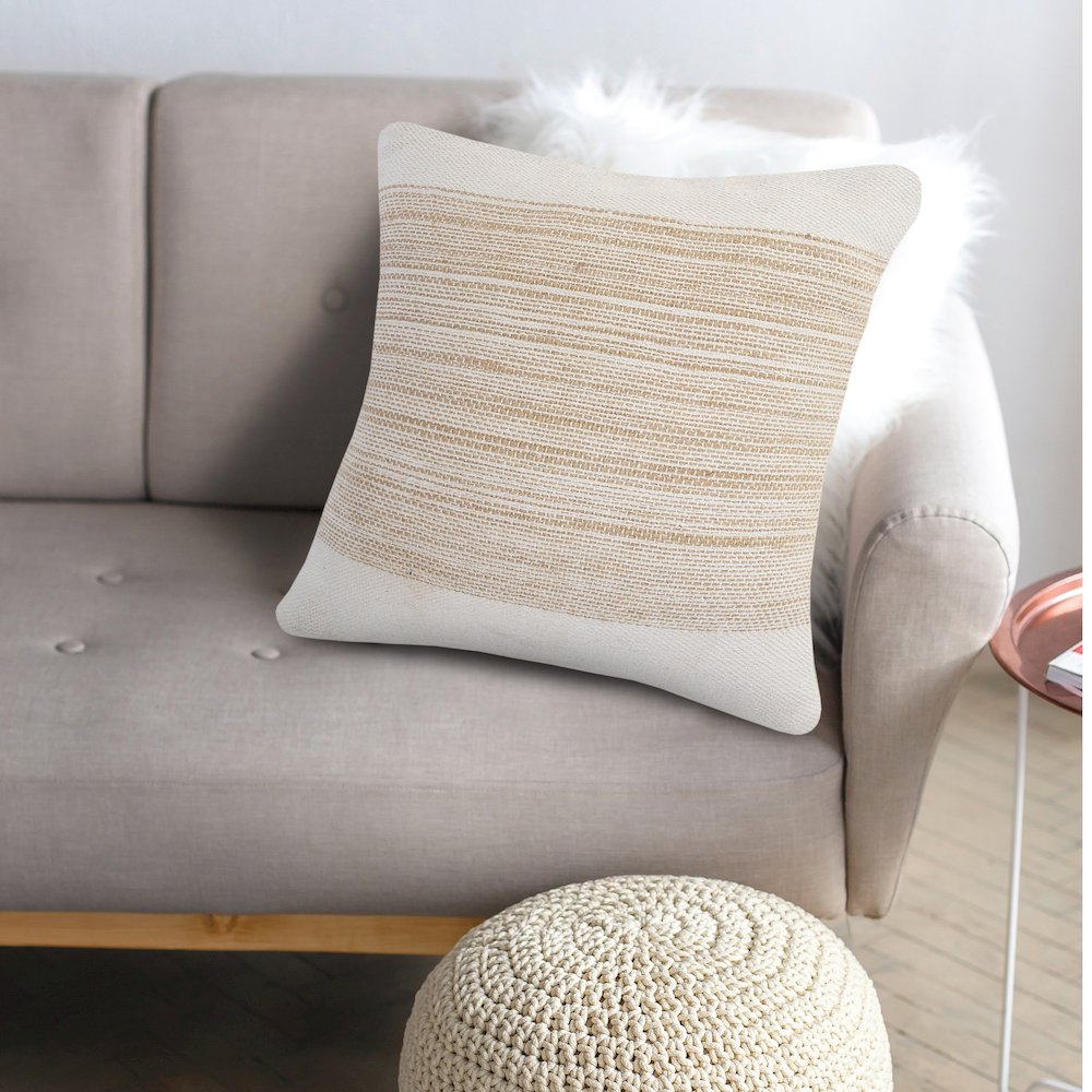 Ivory and Jute Striped and Bordered Throw Pillow. Picture 8