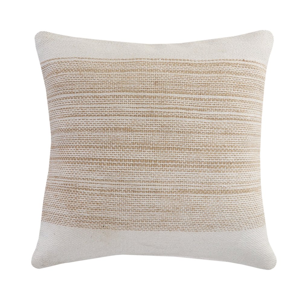Ivory and Jute Striped and Bordered Throw Pillow. Picture 1