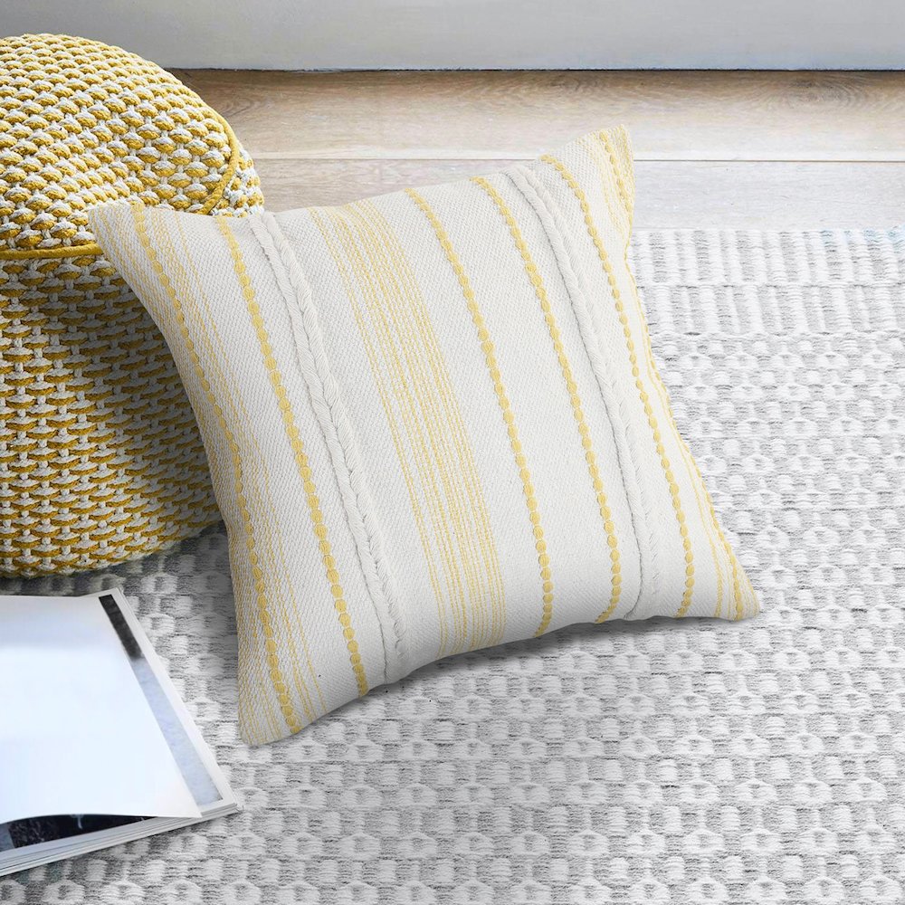 Ox Bay Hand-Woven White/Yellow Stripe All-Natural Cotton  Pillow Cover. Picture 2